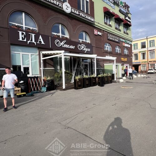 Фотографии выполненных работ компании «ABIE-GROUP» Алюминиевой перголы со сдвижным тентом и led подсветкой. г.Москва