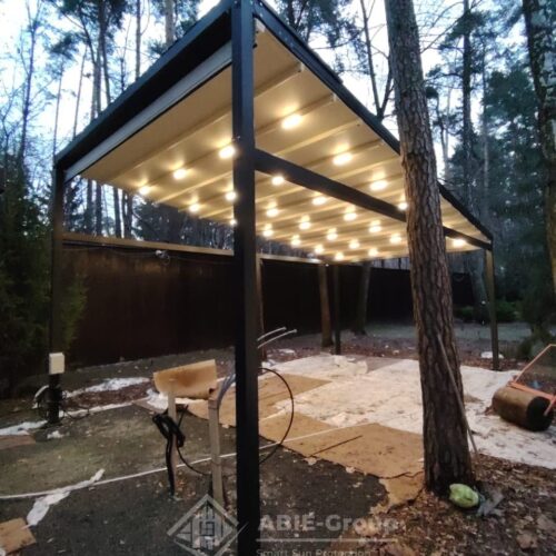 Фотографии выполненных работ компании «ABIE-GROUP» Алюминиевой перголы со сдвижным тентом и led подсветкой.посёлок Барвиха, Одинцовский городской округ, Московская область